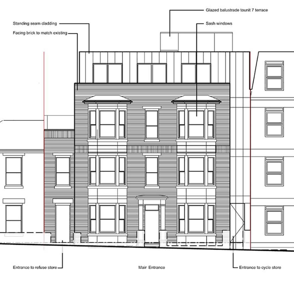 Lot: 127 - FORMER OFFICE WITH PLANNING FOR NINE FLATS - Proposed Front Elevation